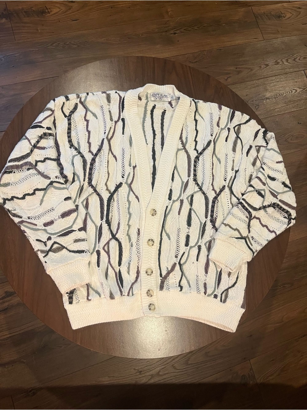 Vintage Ivory Cardigan with Multicolor Abstract Stripes